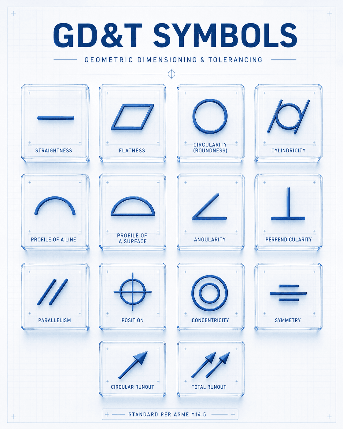 Reference chart of ASME Y14.5 geometric dimensioning and tolerancing symbols, including straightness, flatness, circularity, cylindricity, profile, angularity, perpendicularity, parallelism, position, concentricity, symmetry, and runout.